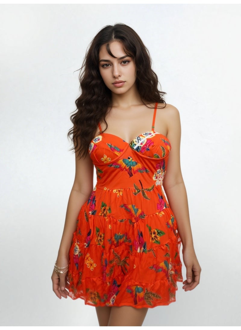 فساتين نسائية فستان صيفي مزهر بفتحة رقبة على شكل مع طبعة ورود - Image 2