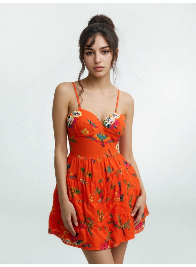 فساتين نسائية فستان صيفي مزهر بفتحة رقبة على شكل مع طبعة ورود - Image 3