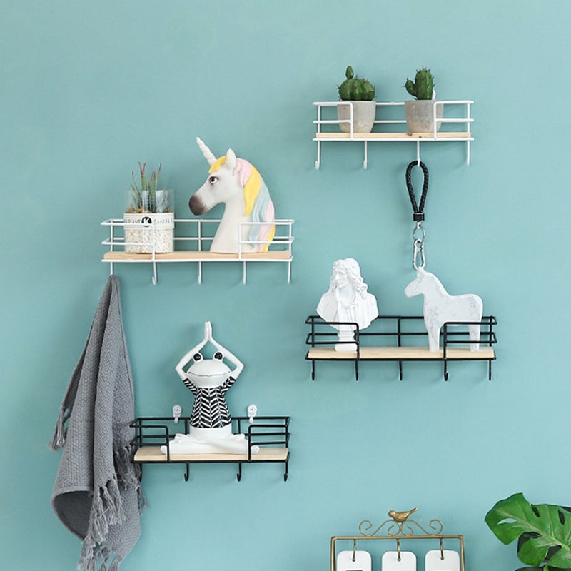 Modern Wrought Iron Storage Rack Wall-mounted Decorative Shelf Hanging Holder Organizer with Hooks (5 Hooks, White) - Image 1