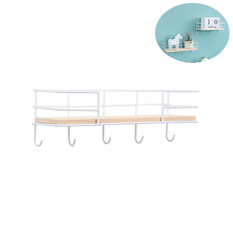 Modern Wrought Iron Storage Rack Wall-mounted Decorative Shelf Hanging Holder Organizer with Hooks (5 Hooks, White) - Image 5