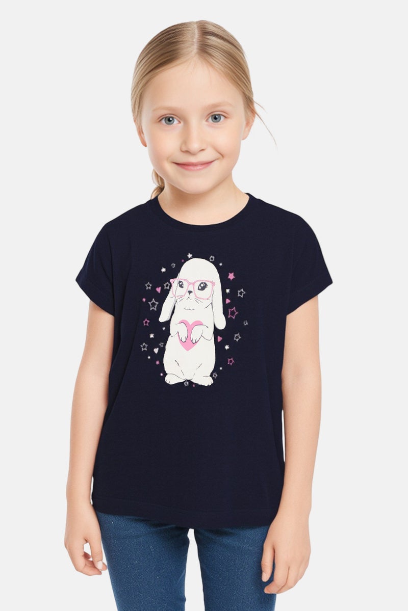 NAME IT تي شيرت قصير الأكمام للبنات، طباعة جرافيك، كحلي داكن - Image 1