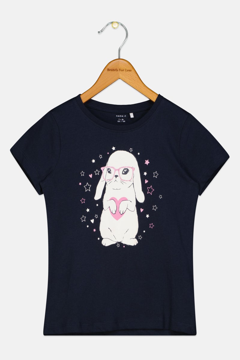 NAME IT تي شيرت قصير الأكمام للبنات، طباعة جرافيك، كحلي داكن - Image 2