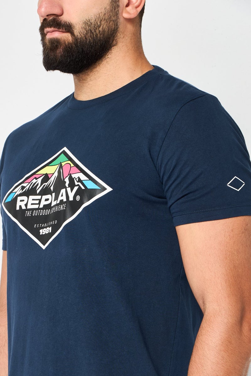 Replay Men Crew Neck Short Sleeve Graphic Print T-Shirt, Navy - Image 3