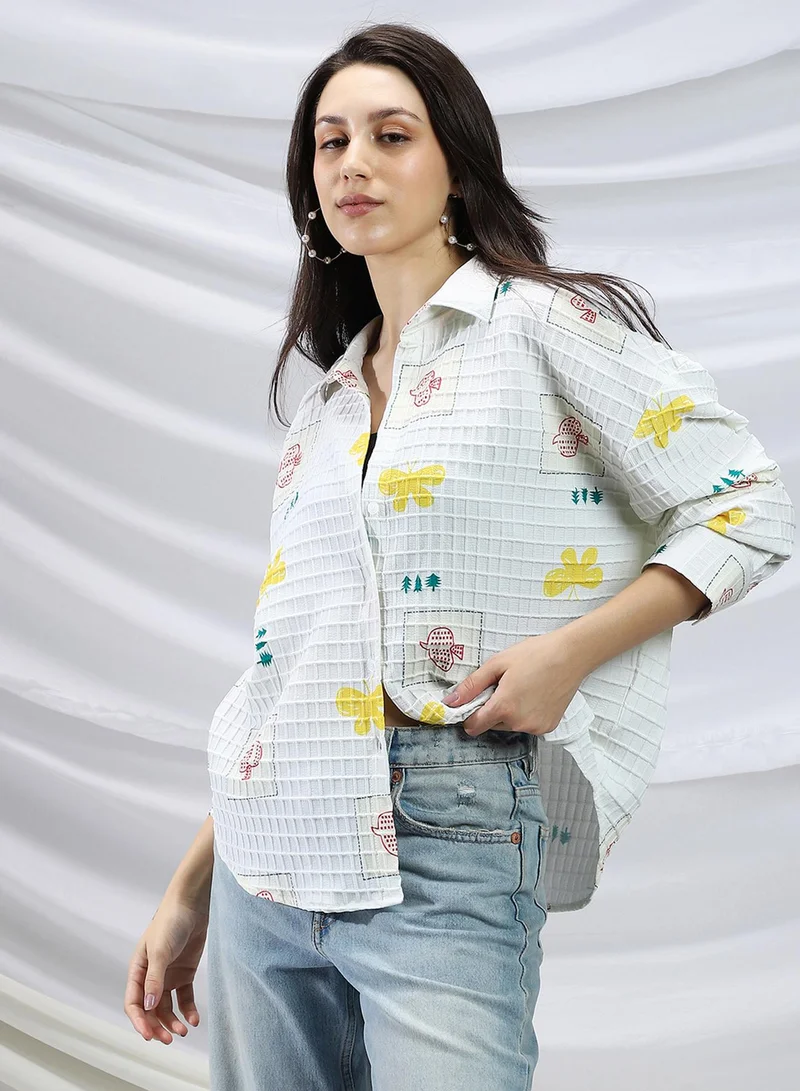 PINACOLADA PINACOLADA Women's Chalk White Butterfly Pine Relaxed Shirt For Casual Wear | Spread Collar | Long Cuffed Sleeves | Button Closure | Shirt Crafted With Comfort Fit For Everyday Wear