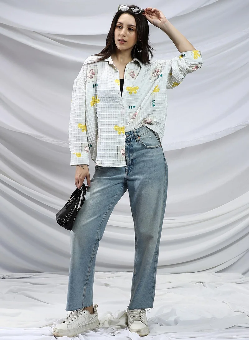 PINACOLADA PINACOLADA Women's Chalk White Butterfly Pine Relaxed Shirt For Casual Wear | Spread Collar | Long Cuffed Sleeves | Button Closure | Shirt Crafted With Comfort Fit For Everyday Wear