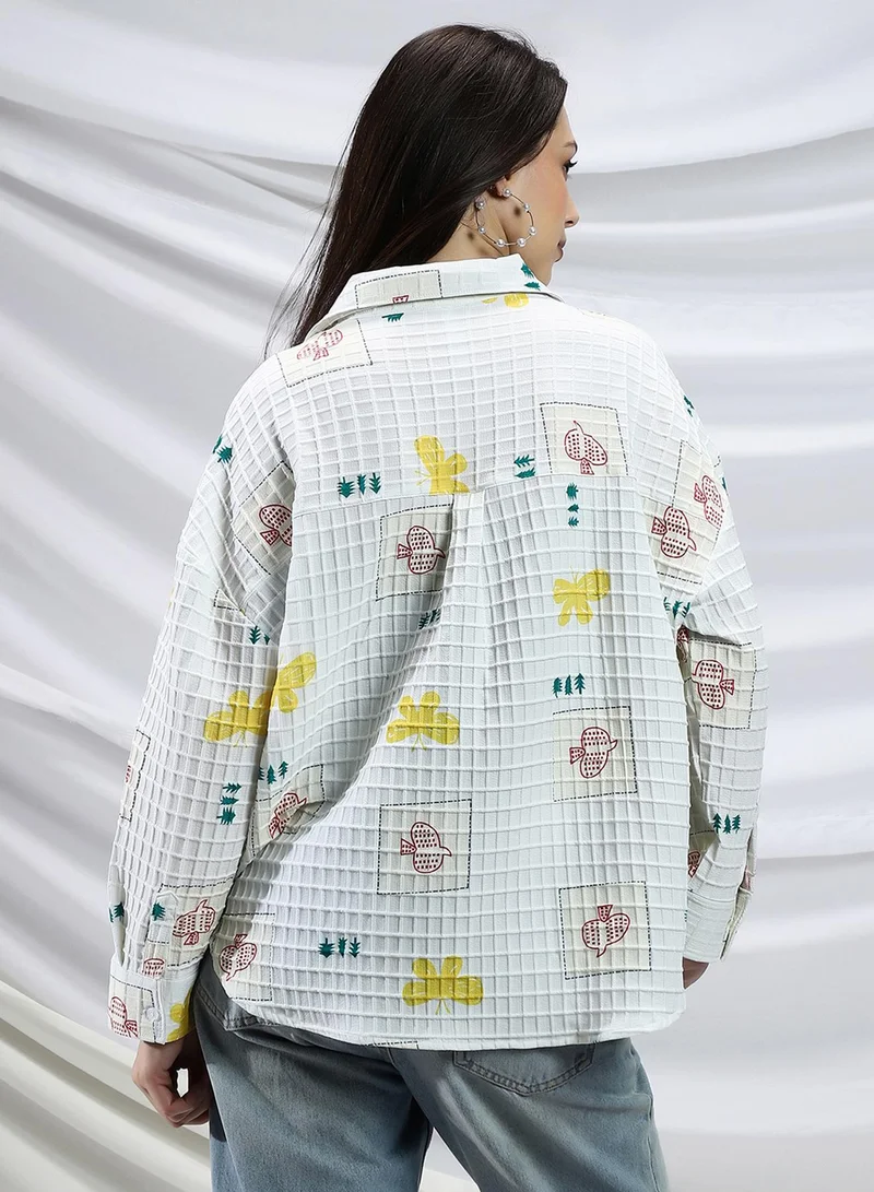 PINACOLADA PINACOLADA Women's Chalk White Butterfly Pine Relaxed Shirt For Casual Wear | Spread Collar | Long Cuffed Sleeves | Button Closure | Shirt Crafted With Comfort Fit For Everyday Wear