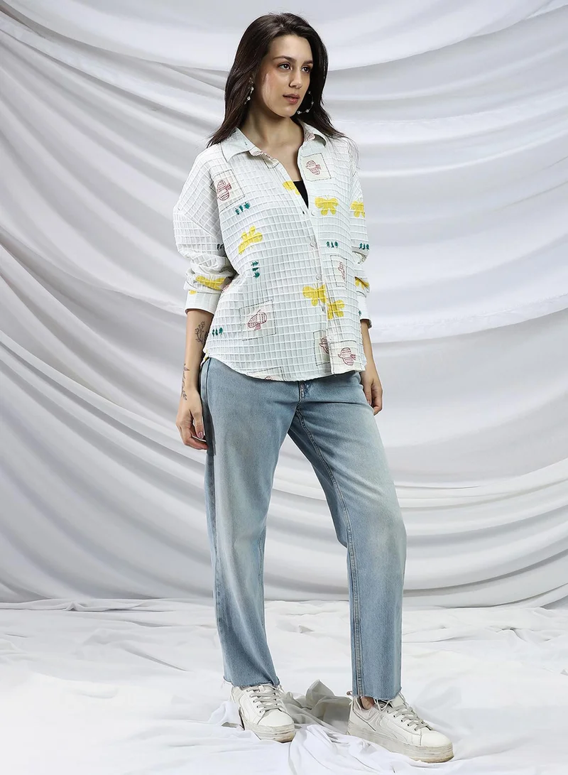 PINACOLADA PINACOLADA Women's Chalk White Butterfly Pine Relaxed Shirt For Casual Wear | Spread Collar | Long Cuffed Sleeves | Button Closure | Shirt Crafted With Comfort Fit For Everyday Wear