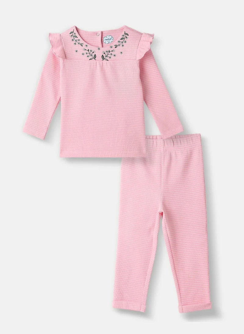 Nautinati Nautinati Girls' Textured Cotton Top and Pants Set with Embroidered Neck