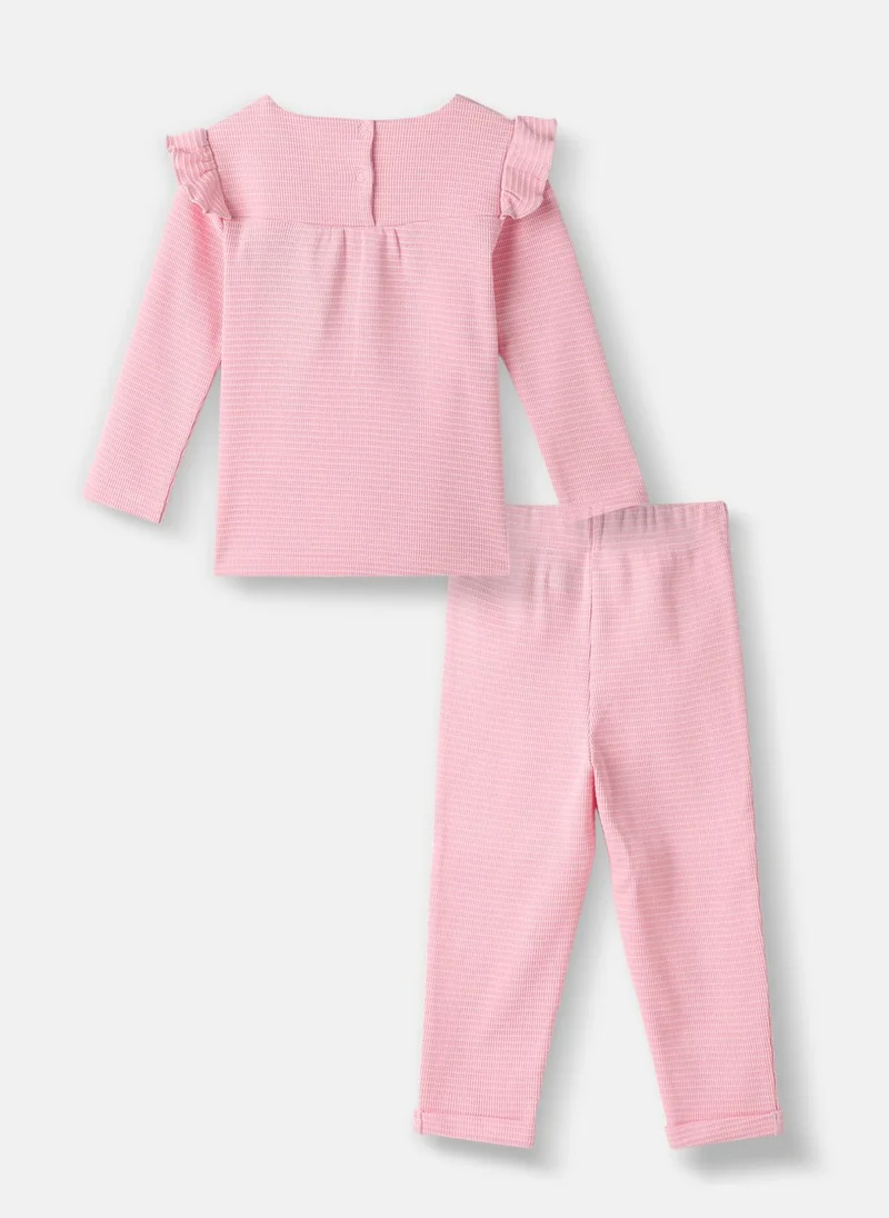 Nautinati Nautinati Girls' Textured Cotton Top and Pants Set with Embroidered Neck