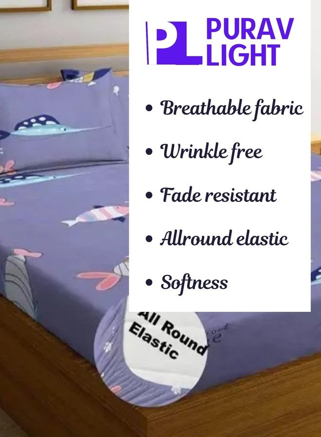 Purav Light Glace Cotton Fitted Elastic Single Bed Bedsheet| Cartoon Printed Cotton Bedsheet with 1 Pillow Cover for Queen Size Bed|Supersoft 340 TC|Breathable|Wrinklefree|Size: 36x72 inch,Purple-Blue - Image 5