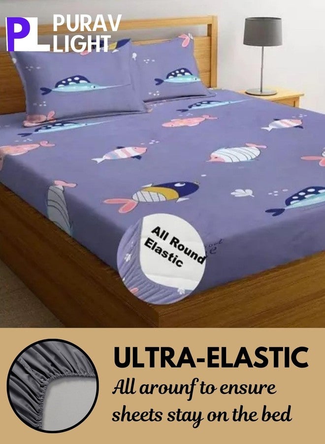 Purav Light Glace Cotton Fitted Elastic Single Bed Bedsheet| Cartoon Printed Cotton Bedsheet with 1 Pillow Cover for Queen Size Bed|Supersoft 340 TC|Breathable|Wrinklefree|Size: 36x72 inch,Purple-Blue - Image 1