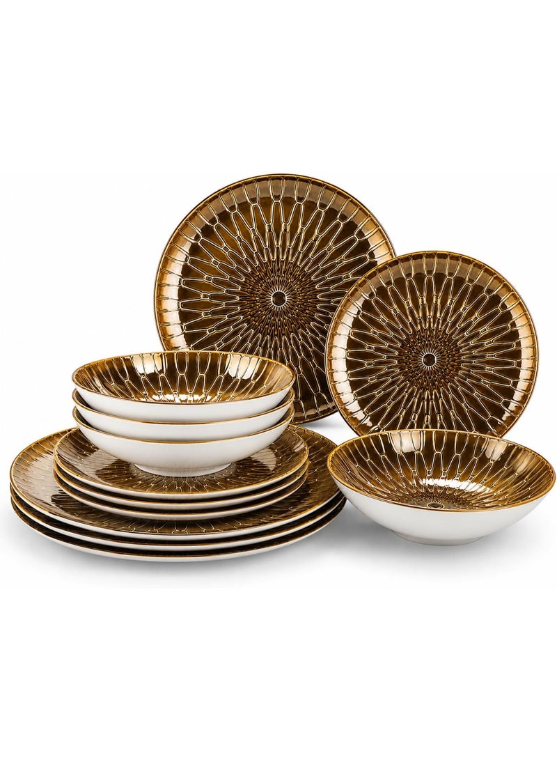 Master Gold 12 Piece Premium Porcelain Dinner Set Golden Brown Mirror Design Perfect for 4 | Dinner Plates Set with Elegant Classic Design for Everyday Use, Hospitality, Kitchen, Dining Table - Image 1