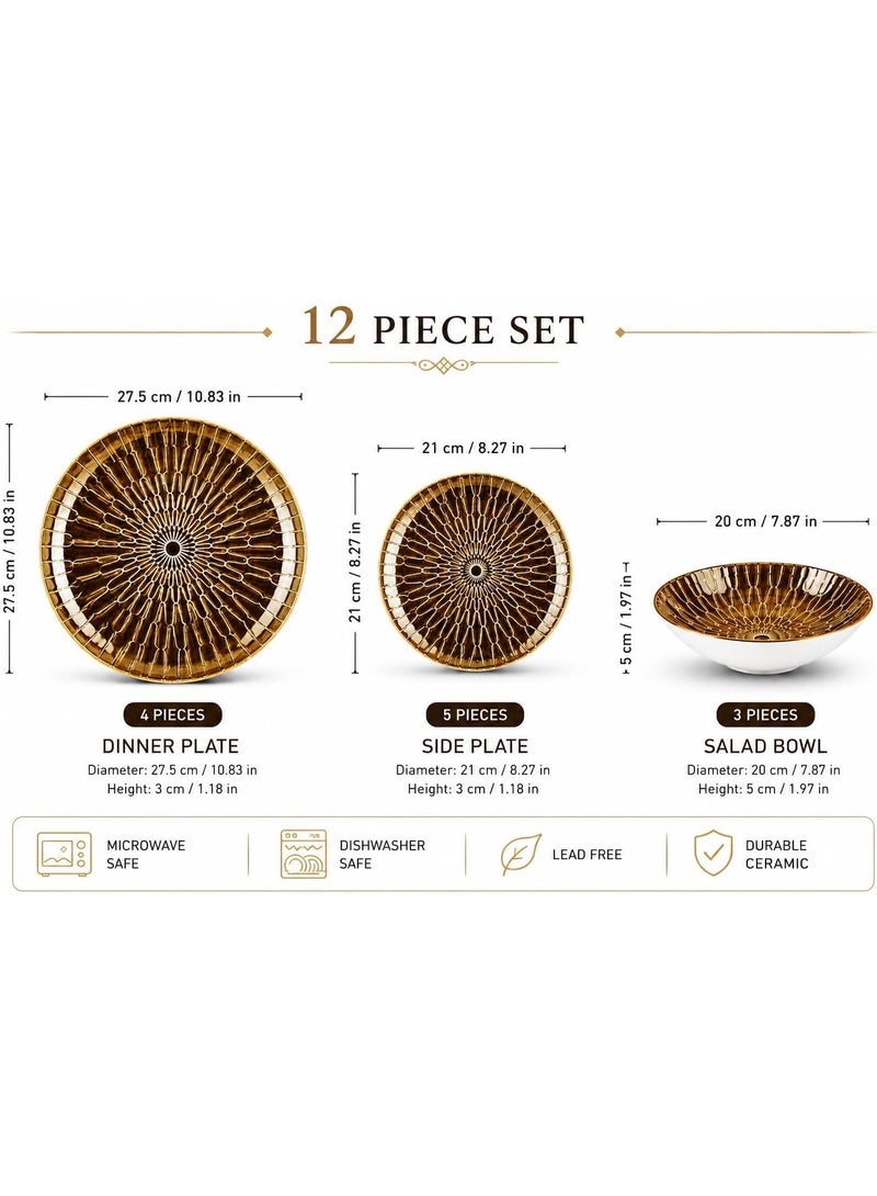 Master Gold 12 Piece Premium Porcelain Dinner Set Golden Brown Mirror Design Perfect for 4 | Dinner Plates Set with Elegant Classic Design for Everyday Use, Hospitality, Kitchen, Dining Table - Image 3