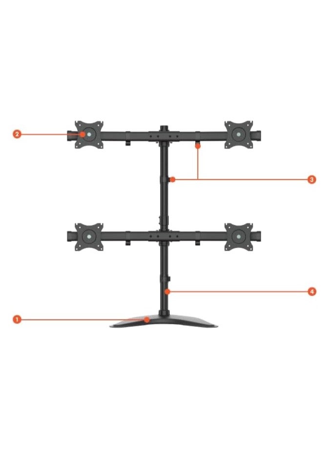 نيوستار حامل شاشات رباعي من نيوستار، قاعدة مكتب قوية لـ 4 شاشات مقاس 13–27 بوصة، أذرع قابلة للتعديل مع دوران وإمالة وتدوير، متوافق مع VESA 75x75/100x100، يتحمل حتى 8 كجم لكل شاشة - Image 4