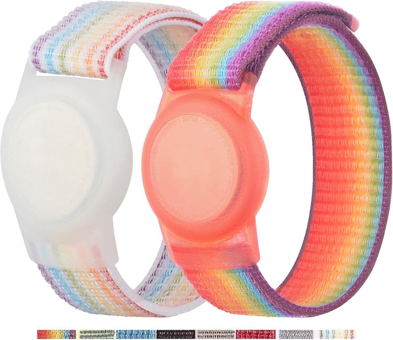 Yiurcy 2 Pack AirTag Bracelet for Kids, Apple Air Tag Protective Cover with Nylon Wristband, Anti Lost GPS Trackers Case Cover Elastic Watch Band for Toddlers Girls Boys Elders (Rainbow) - Image 1
