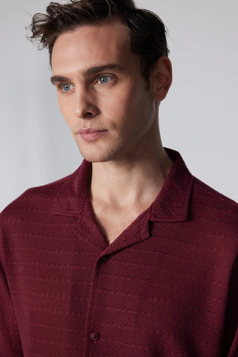 تودورس Relax Fit Comfortable Fit Short Sleeve Open Collar Knitted Fabric Summer Burgundy Men's Shirt