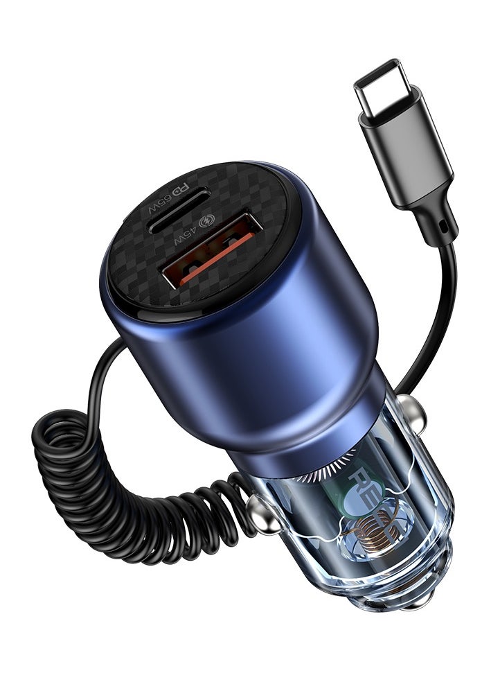 Recci Super Fast Car Charger Adapter 110W with Cable Type C PD 65W and USB 45W Fast Charging Car Power Adapter For iPhone iPad Samsung Galaxy Huawei Xiaomi Apple Watch Transparent Shell Design Blue  - Image 1