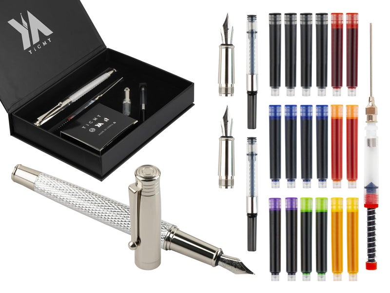 YICMY Fancy Fountain Pen Set â€“ Fine & Medium Nibs, Includes 18 Ink Cartridges, Ink Converter, Syringe Filler, Luxury Gift for Writing, Journaling & Calligraphyï¼ŒSilvery - Image 1