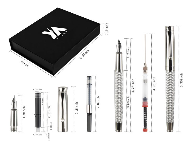 YICMY Fancy Fountain Pen Set â€“ Fine & Medium Nibs, Includes 18 Ink Cartridges, Ink Converter, Syringe Filler, Luxury Gift for Writing, Journaling & Calligraphyï¼ŒSilvery - Image 3
