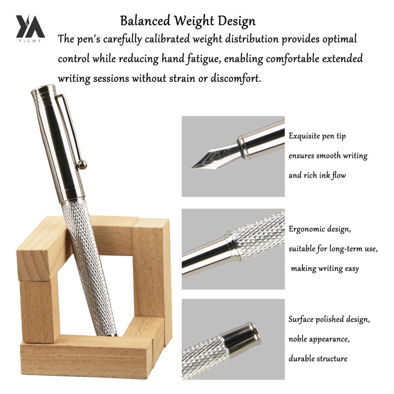 YICMY Fancy Fountain Pen Set â€“ Fine & Medium Nibs, Includes 18 Ink Cartridges, Ink Converter, Syringe Filler, Luxury Gift for Writing, Journaling & Calligraphyï¼ŒSilvery - Image 2