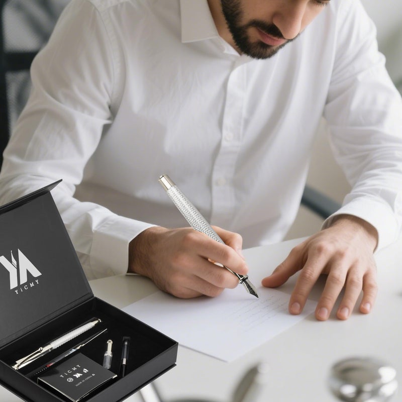 YICMY Fancy Fountain Pen Set â€“ Fine & Medium Nibs, Includes 18 Ink Cartridges, Ink Converter, Syringe Filler, Luxury Gift for Writing, Journaling & Calligraphyï¼ŒSilvery - Image 5