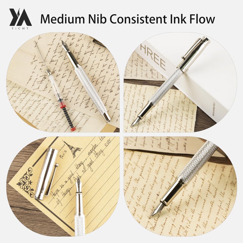 YICMY Fancy Fountain Pen Set â€“ Fine & Medium Nibs, Includes 18 Ink Cartridges, Ink Converter, Syringe Filler, Luxury Gift for Writing, Journaling & Calligraphyï¼ŒSilvery - Image 4