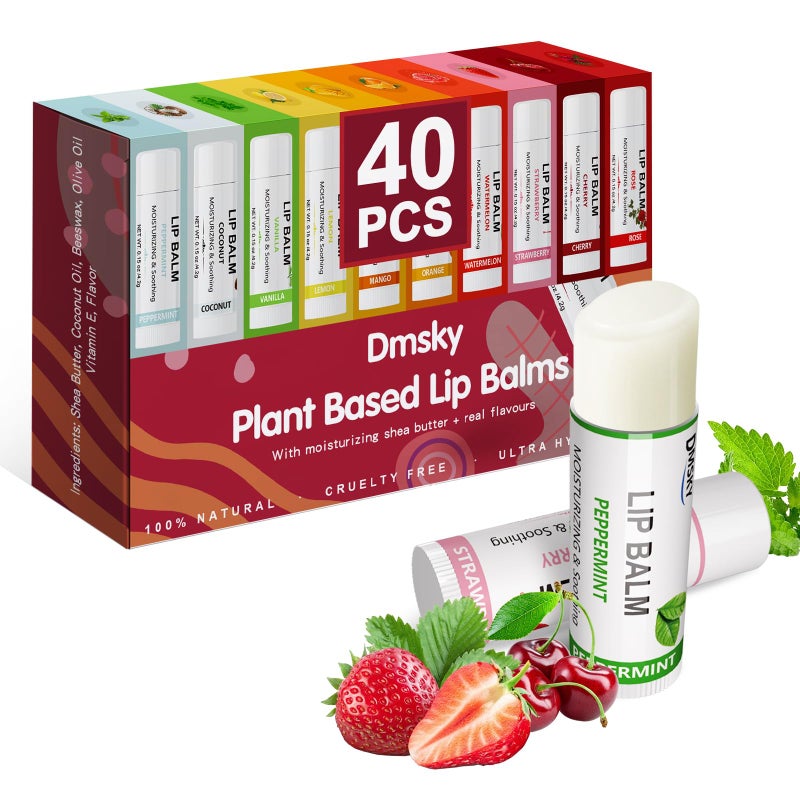 40 Pack Lip Balm Bulk Fruit Lip Balm Variety Pack Natural Moisturizing Balms for Dry Cracked Lips Hydrating for Men Women Kids 10 Flavors
