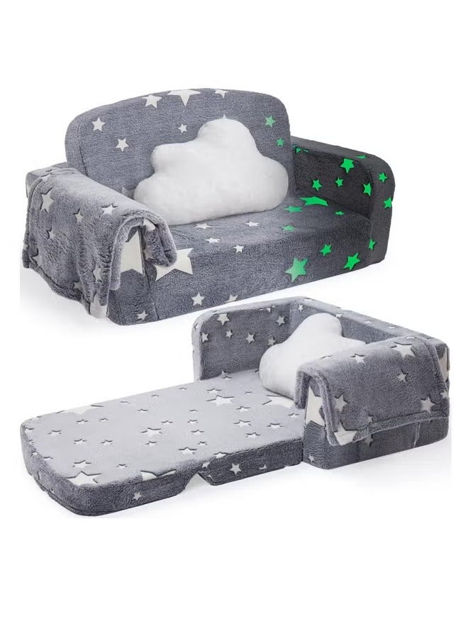 Generic Glow in The Dark Extra Soft Open Couch 2-in-1 Toddler Soft Couch Fold Out Glow in Dark Convertible Plush Foam Chair Star Glow in The Dark Toddler Couch for Playroom Bedroom  - Image 1