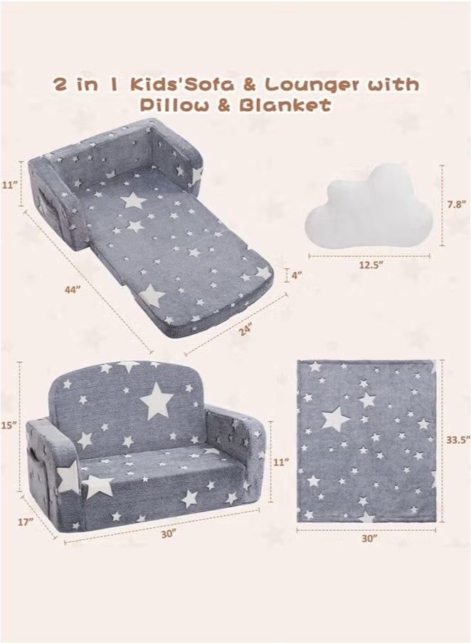Generic Glow in The Dark Extra Soft Open Couch 2-in-1 Toddler Soft Couch Fold Out Glow in Dark Convertible Plush Foam Chair Star Glow in The Dark Toddler Couch for Playroom Bedroom  - Image 2