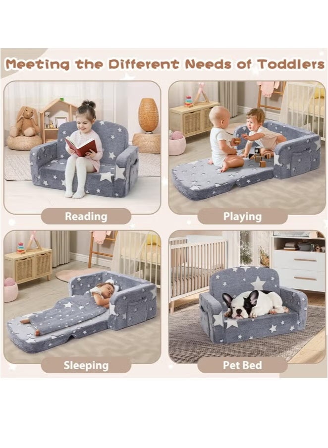 Generic Glow in The Dark Extra Soft Open Couch 2-in-1 Toddler Soft Couch Fold Out Glow in Dark Convertible Plush Foam Chair Star Glow in The Dark Toddler Couch for Playroom Bedroom  - Image 4
