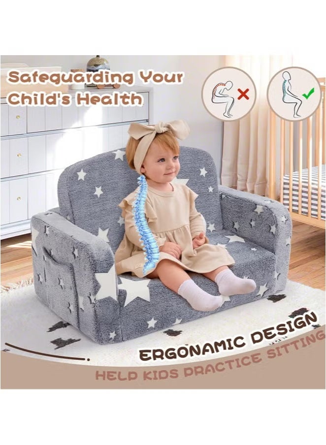 Generic Glow in The Dark Extra Soft Open Couch 2-in-1 Toddler Soft Couch Fold Out Glow in Dark Convertible Plush Foam Chair Star Glow in The Dark Toddler Couch for Playroom Bedroom  - Image 5