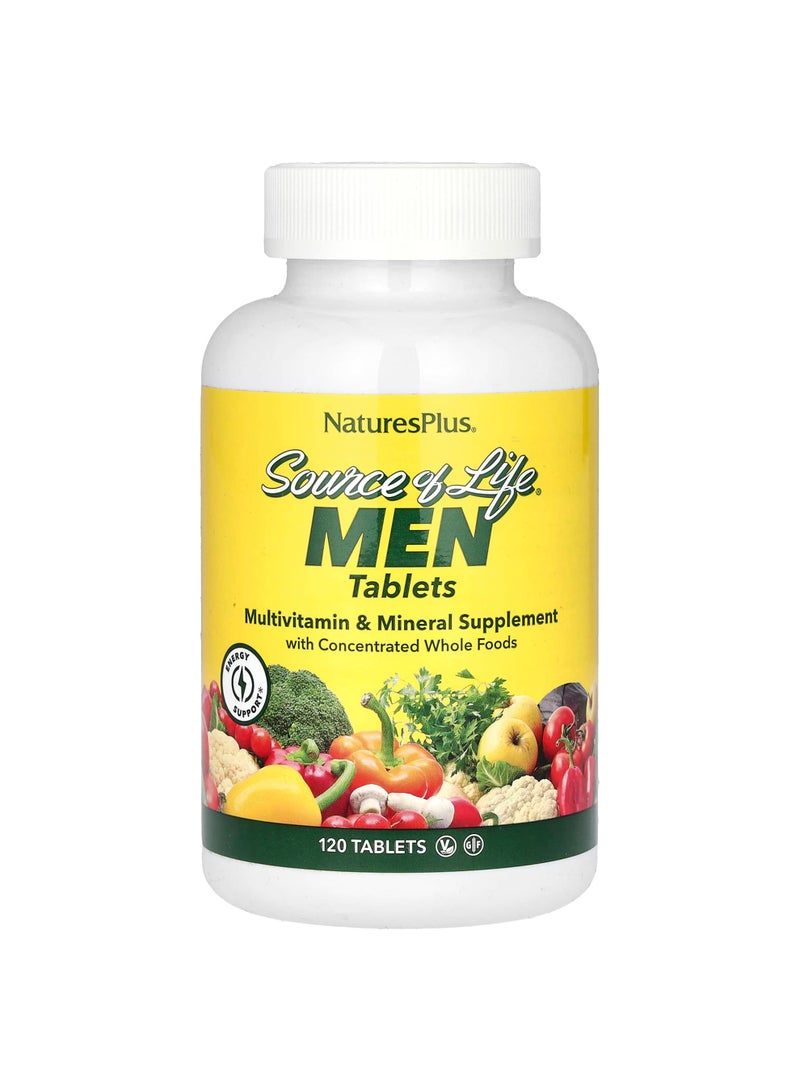 NaturesPlus Source of Life Men, Multivitamin & Mineral Supplement with Concentrated Whole Foods, Iron-Free, 120 Tablets