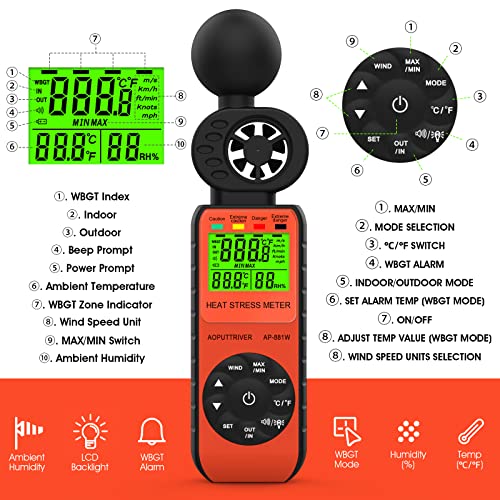 AOPUTTRIVER AP-881W Heat Stress Meter Anemometer, 3 in 1 WBGT (Wet Bulb Globe Temperature) with Wind Speed/Humidity/WBGT Alarm and Temp(℃/℉) for Outdoor HVAC Vents, Boat Sailing, Shooting - Image 3