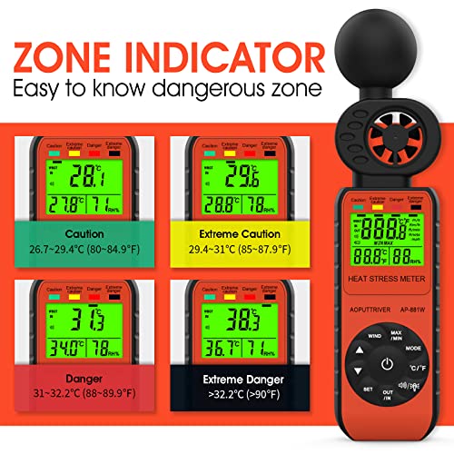 AOPUTTRIVER AP-881W Heat Stress Meter Anemometer, 3 in 1 WBGT (Wet Bulb Globe Temperature) with Wind Speed/Humidity/WBGT Alarm and Temp(℃/℉) for Outdoor HVAC Vents, Boat Sailing, Shooting - Image 5