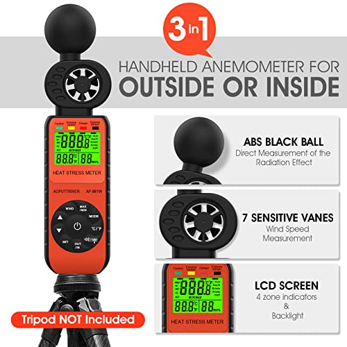 AOPUTTRIVER AP-881W Heat Stress Meter Anemometer, 3 in 1 WBGT (Wet Bulb Globe Temperature) with Wind Speed/Humidity/WBGT Alarm and Temp(℃/℉) for Outdoor HVAC Vents, Boat Sailing, Shooting - Image 4