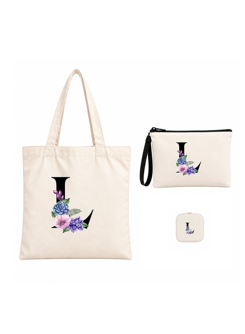 برينت شوب فور مي مجموعة هدايا (حرف مزين بالزهور): حقيبة تسوق (Tote Bag) + حقيبة صغيرة (Pouch) + علبة مجوهرات (3 في 1) - Image 1