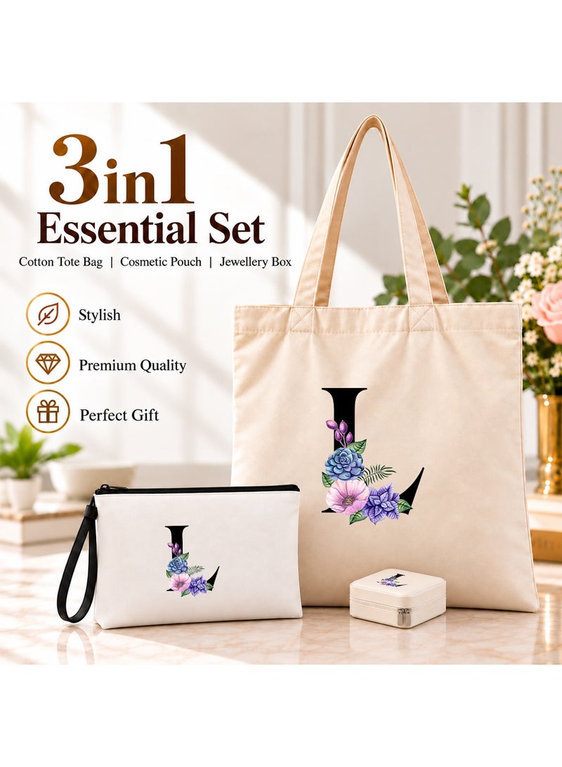 برينت شوب فور مي مجموعة هدايا (حرف مزين بالزهور): حقيبة تسوق (Tote Bag) + حقيبة صغيرة (Pouch) + علبة مجوهرات (3 في 1) - Image 2