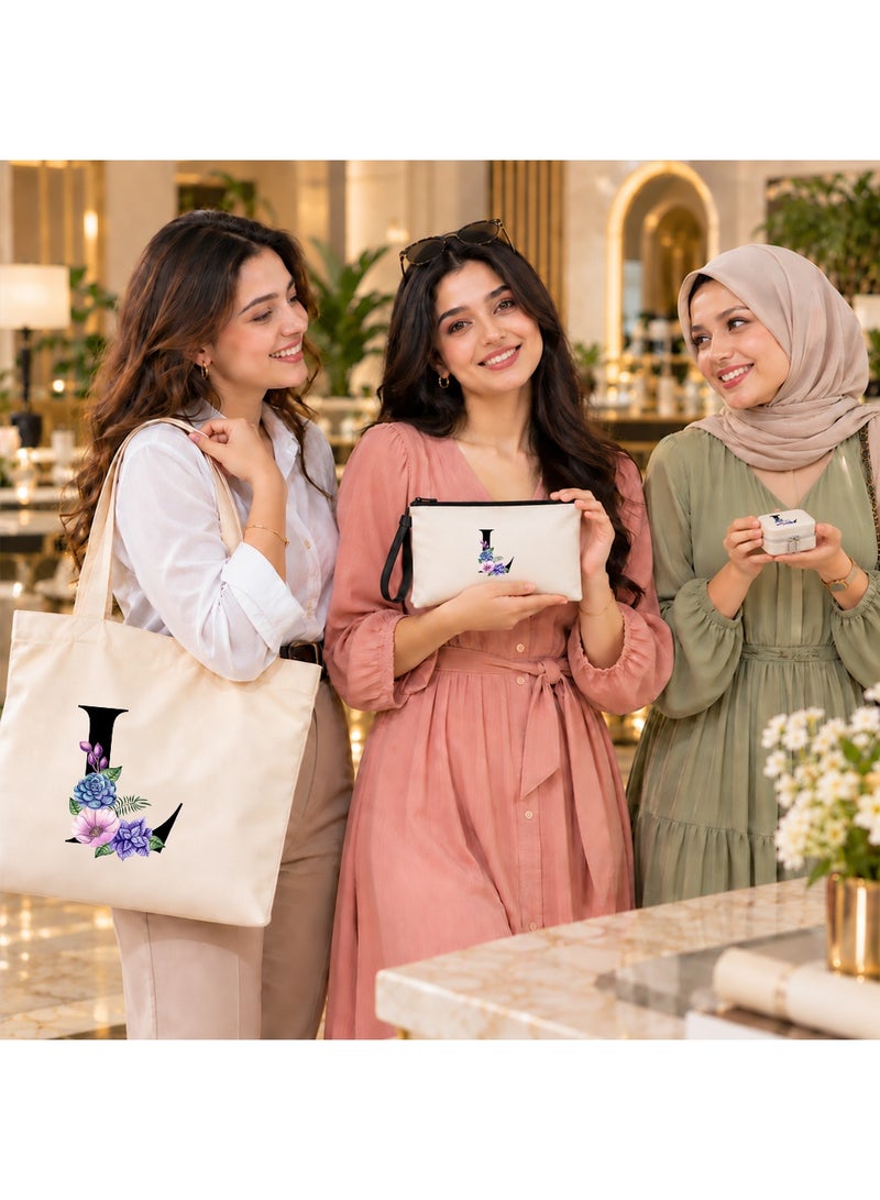 برينت شوب فور مي مجموعة هدايا (حرف مزين بالزهور): حقيبة تسوق (Tote Bag) + حقيبة صغيرة (Pouch) + علبة مجوهرات (3 في 1) - Image 5