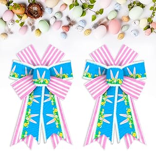 Heureppy Heureppy 2pcs Easter Wreath Bows Easter Decor Bow Pink Blue Strips Rabbit Ears Burlap Bows for Wreath, Easter Ribbon  - Image 1