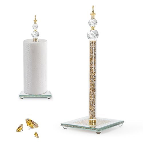 Hebaogugu Gold Paper Towel Holder, Bling Crystal Paper Towel Roll Holder, Decorative Standing Paper Towel Holder for Kitchen Countertops Bathroom, Paper Towel Dispenser with Weighted Base (Square/Gold-A) - Image 1