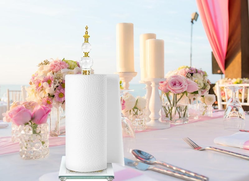Hebaogugu Gold Paper Towel Holder, Bling Crystal Paper Towel Roll Holder, Decorative Standing Paper Towel Holder for Kitchen Countertops Bathroom, Paper Towel Dispenser with Weighted Base (Square/Gold-A) - Image 2