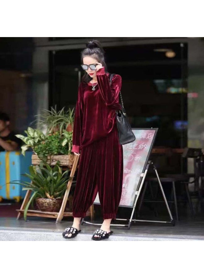 European Station Spring And Autumn Plus Size Gold Velvet Suit Women's Fashion Loose Casual Sports Wide-leg Pants Two-piece Suit Fashion