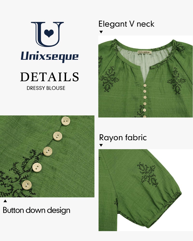 Unixseque Casual Tops for Women: Short Sleeve Summer V Neck Floral - Womens Blouses Dressy - Flowy Business Casual Spring Outfits Vacation Top Green - Image 4