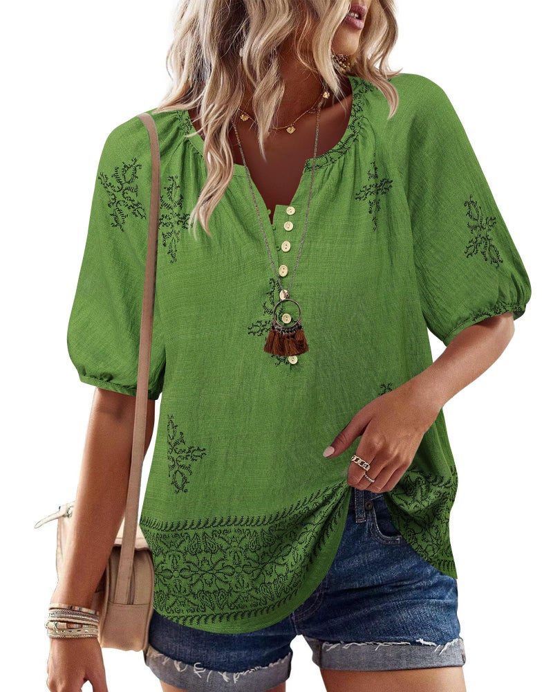 Unixseque Casual Tops for Women: Short Sleeve Summer V Neck Floral - Womens Blouses Dressy - Flowy Business Casual Spring Outfits Vacation Top Green - Image 2