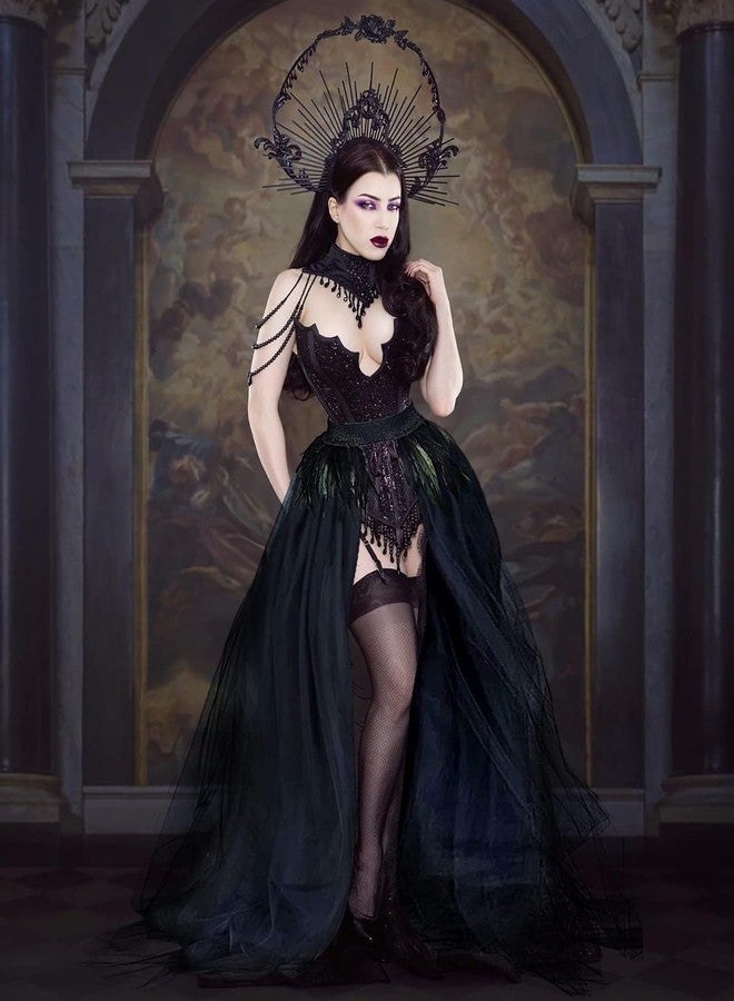 UQJE Witch Devil Maleficent Costumes Feather Cape Scarf with Maleficent Horns and Feathers Long Tulle Tutu Skirt - Image 3