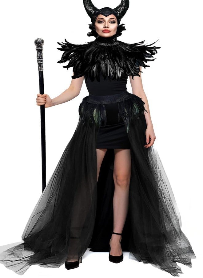 UQJE Witch Devil Maleficent Costumes Feather Cape Scarf with Maleficent Horns and Feathers Long Tulle Tutu Skirt - Image 1