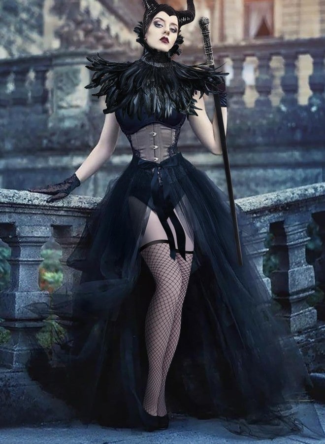 UQJE Witch Devil Maleficent Costumes Feather Cape Scarf with Maleficent Horns and Feathers Long Tulle Tutu Skirt - Image 5