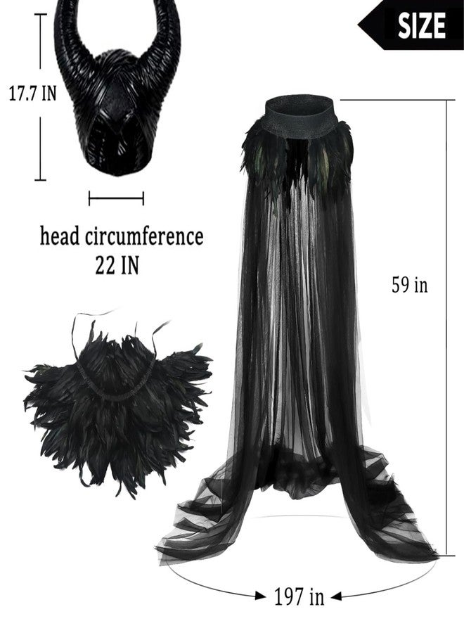 UQJE Witch Devil Maleficent Costumes Feather Cape Scarf with Maleficent Horns and Feathers Long Tulle Tutu Skirt - Image 2