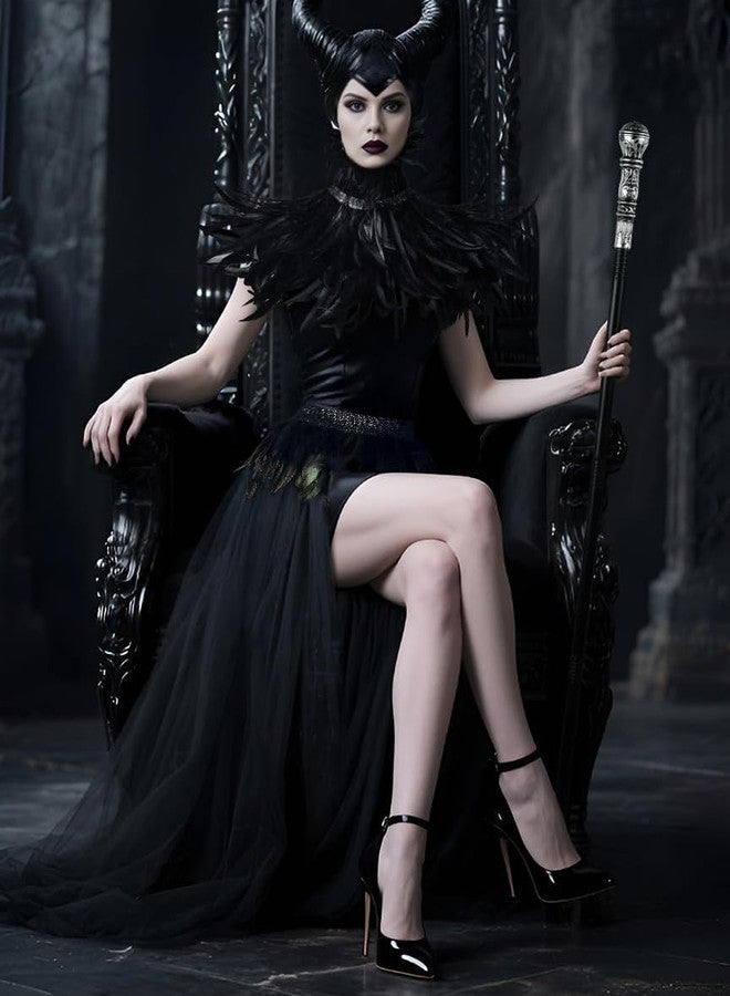 UQJE Witch Devil Maleficent Costumes Feather Cape Scarf with Maleficent Horns and Feathers Long Tulle Tutu Skirt - Image 4