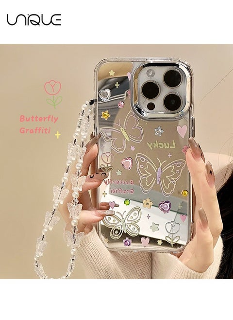 Compatible with iPhone 14 Pro Max Cases, Butterfly Pattern Cases, Peach Heart Diamond Cases, Mirror Cases, TPU Drop Protection - With Lanyard